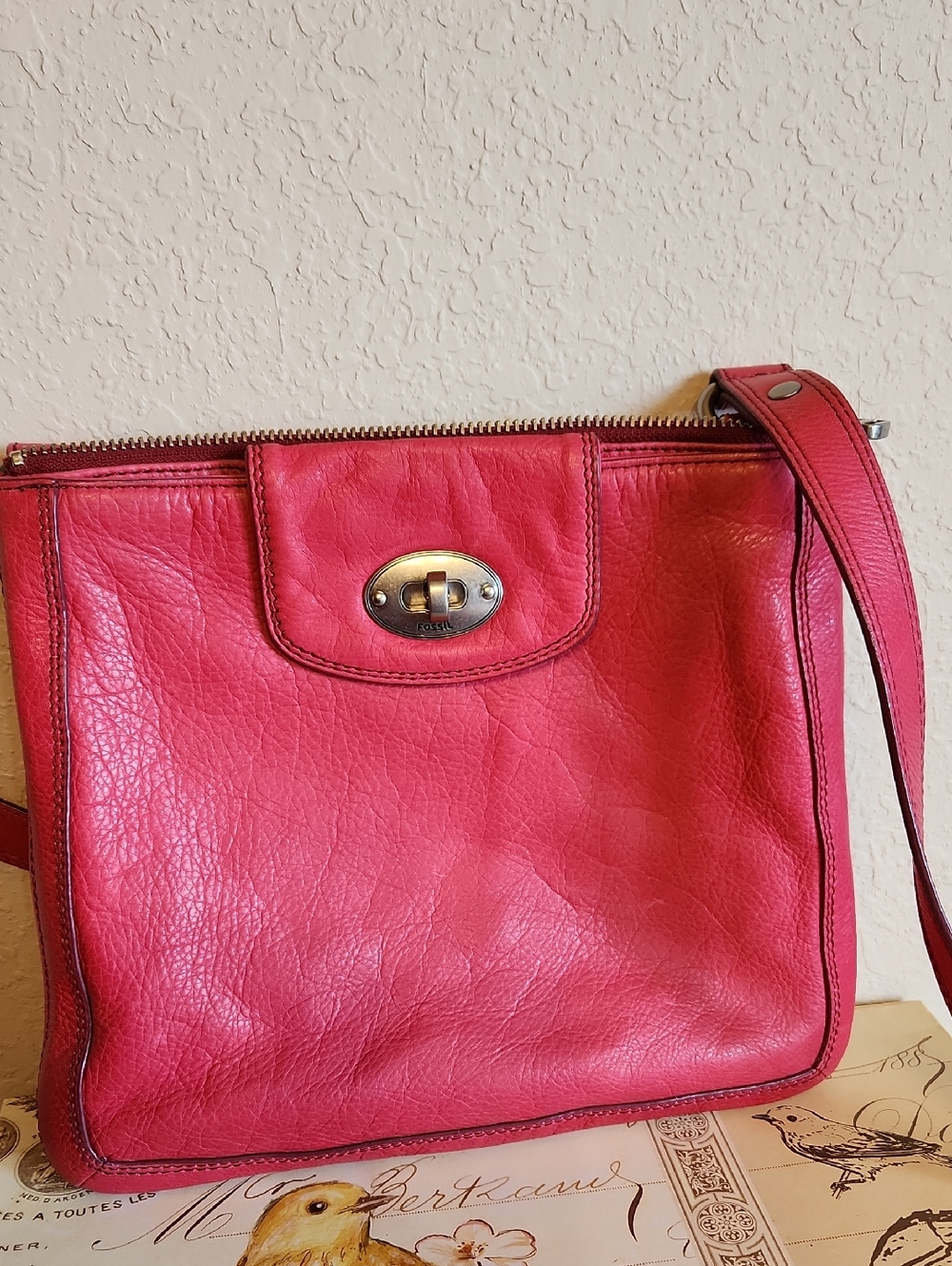 Fossil Coral Pink Red  Leather Crossbody Bag